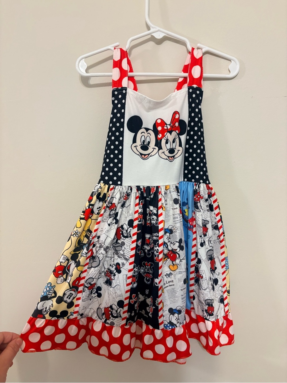 Handmade Girls' Red White and Black Mickey & Minnie Patchwork Dress